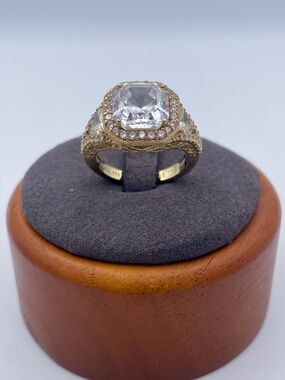 Judith Ripka CZ Halo Ring 14K Gold Clad Sterling Silver 925 Cushion Cut Halo